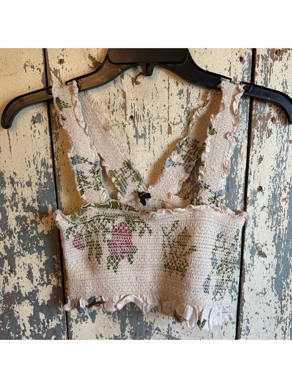 Out From Under Smocked Bra Top Urban Outfitters cream floral size small